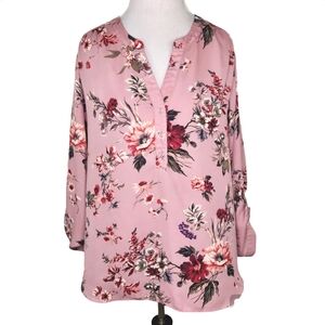 Zac & Rachel Pink Floral Roll Tab Sleeve Silky Blouse Size 2X